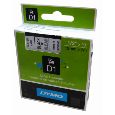 Etiqueta Pro 12mm DYMO 45010 45010 -DYMO 12mm Negro en Fondo Transparente Cinta 7mt D1-Label Cassette