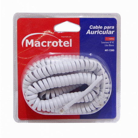 Telefono Analogo MACROTEL MT-1280 MT-1280 MACROTEL RJ9 M-M 7,5mt Cable Auricular Espiral 4P4C-7,7mm Blanco