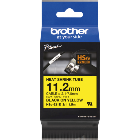 Etiqueta Termoretractil Brother HSE-631E HSE-631E BROTHER 11,2mm Am Termoretractil 2,1-7mm Negro en Amarillo Tubo 1,5mt