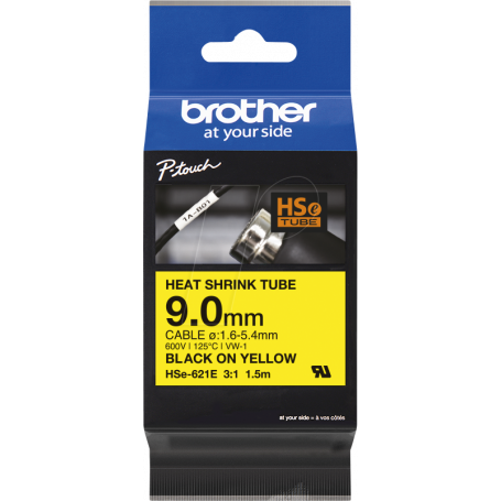 Etiqueta Termoretractil Brother HSE-621E HSE-621E BROTHER 9,0mm Am Termoretractil 1,6-5,4mm Negro en Amarillo Tubo 1,5mt