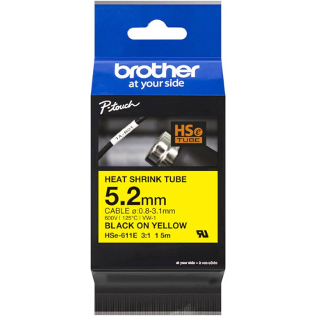 Etiqueta Termoretractil Brother HSE-611E HSE-611E BROTHER 5,2mm Am Termoretractil 0,8-3,1mm Negro en Amarillo Tubo 1,5mt