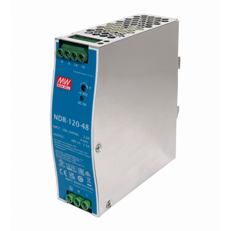 Transformador 30V 48V 57V Meanwell NDR-120-48 NDR-120-48 MEANWELL 48VDC 120W 2,5A ajust/48-55V Ancho-40mm Riel-DIN Fuente Poder