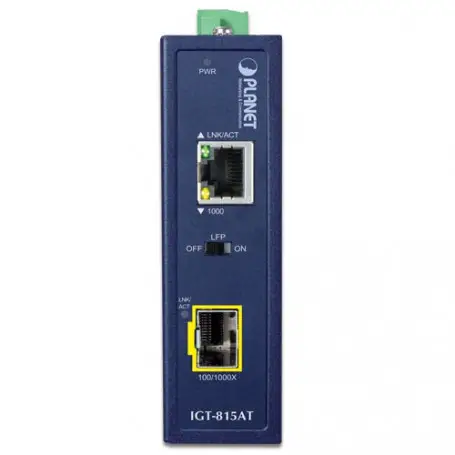 Chasis / Modulo / PCI PLANET IGT-815AT IGT-815AT PLANET 1-1000 1-SFP Riel-DIN industrial Media Converter req-Fuente