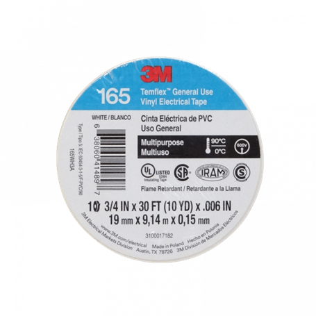 Aislante adhesivo / termo 3M company TEMFLEX-9W TEMFLEX-9W 3M 9mt 165 Blanca Huincha Cinta Aisladora PVC 19mm 0,15mm 600V 90ºC