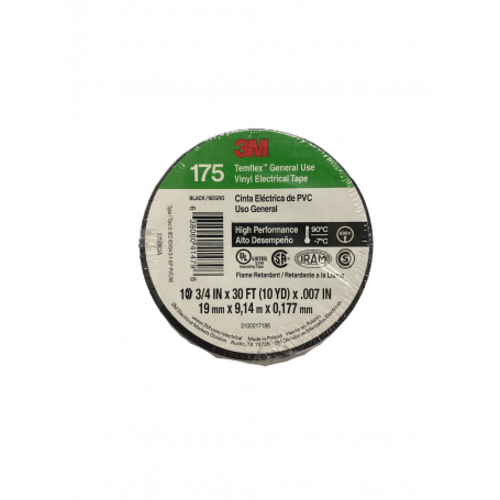 Aislante adhesivo / termo 3M company TEMFLEX-09 TEMFLEX-09 3M 9mt 175 Negra Cinta Aisladora PVC 19mm 0,177mm 600V -7ºC a 90ºC