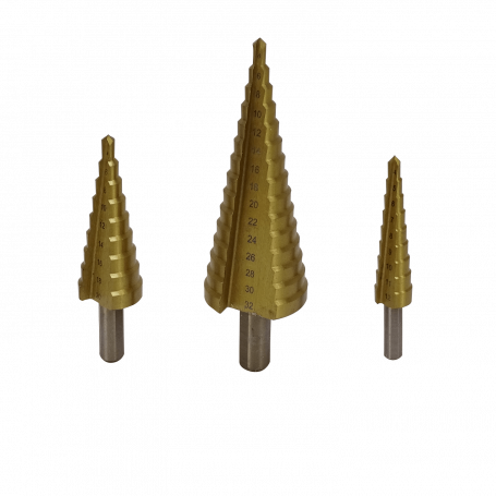 Broca / Sierra copa GENERICO BROCA-PINO3 BROCA-PINO3 AKILDA Kit 3-Brocas Pino 4-12 4-20 4-32mm p/Metal HSS Escalonadas