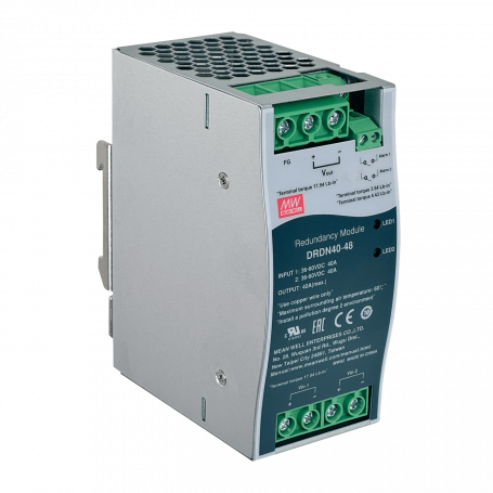 Transformador 30V 48V 57V MEANWELL DRDN40-48 DRDN40-48 MEANWELL 48VDC 40A Modulo de Redundancia Ancho-55mm Riel-DIN 36-60VDC