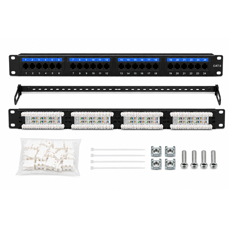 PPC6-24 Patch Panel Cat6 24 Puertos RJ45 Rack 19" IDC 110 Negro c/accesorios